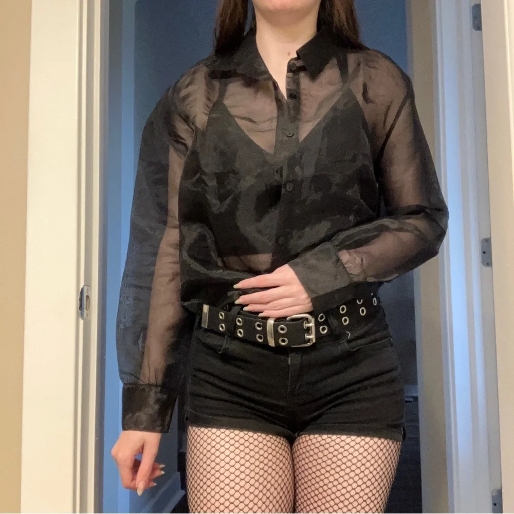 NEW BEAUTIFUL RARE GOTH BLACK MESH BUTTON UP TOP - Picture 12 of 16